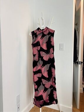 Sleeveless Qipao Black Velvet Mesh Dress with Pink Butterfly Print